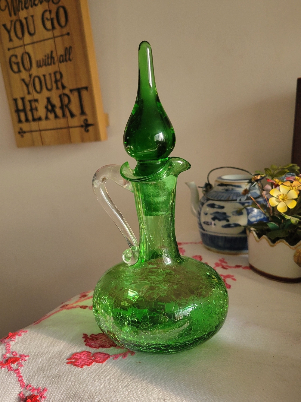 Green Glass Decanter with Stopper - Clear Handle